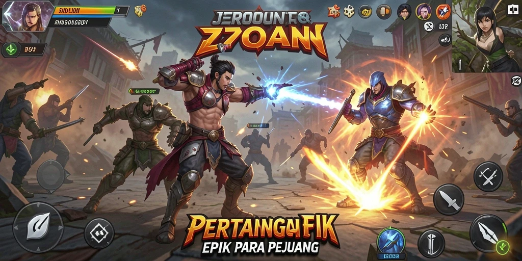 Tampilan epik pertarungan di arena J200M dengan berbagai karakter.
