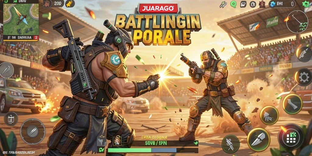 Menampilkan gameplay JUARAGO yang seru dalam pertarungan Battle Royale.