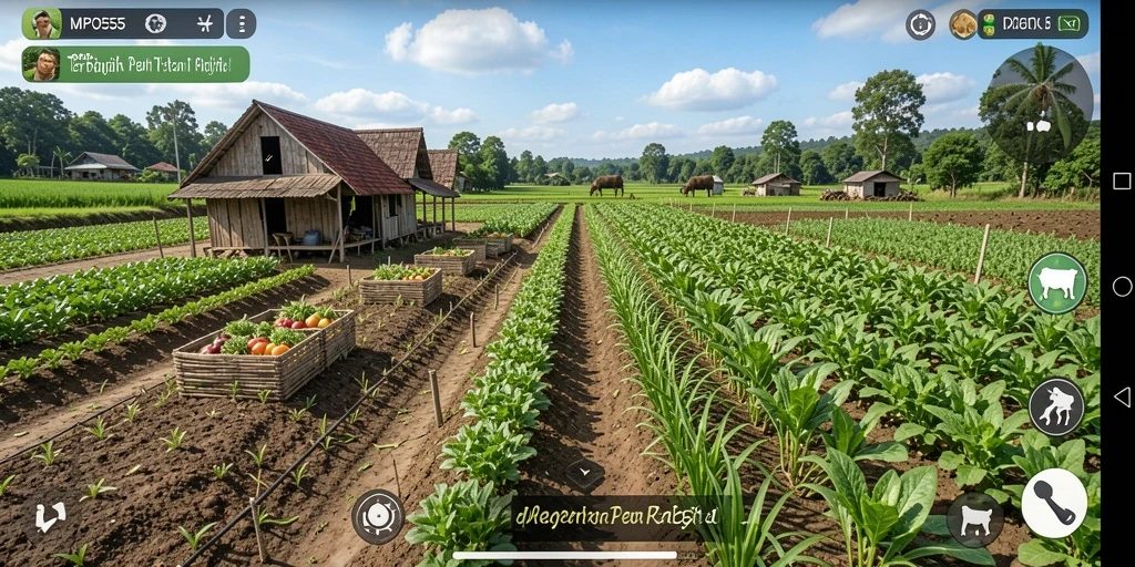 Tampilan gameplay MPO555 yang menunjukkan aktivitas bertani.